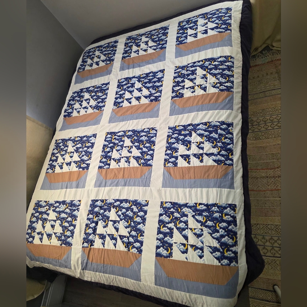 Homemade Quilt Sailing Away Starry Night Sky Water Size 72 X 92 Twin-Full Boat